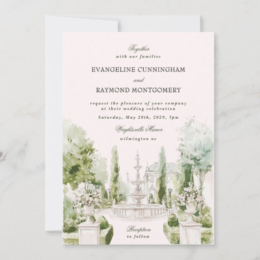 Elegant Watercolor Manor Garden Wedding Kaart (Voorkant)
