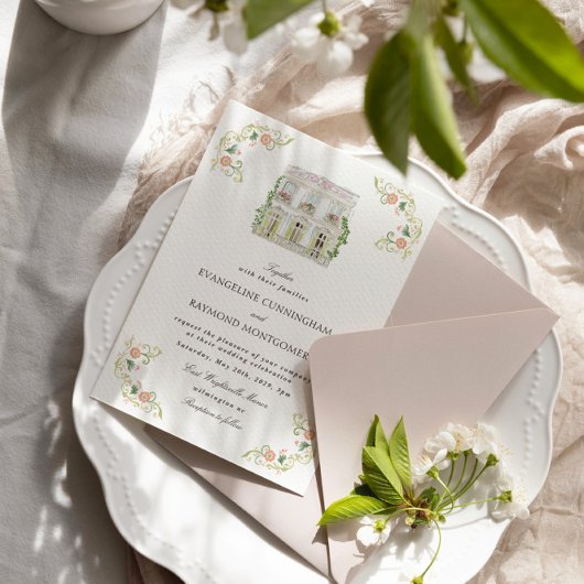 Elegant Watercolor Manor Rococo Wedding Kaart