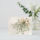 Elegant Watercolor Mistletoe and Gold Bow Feestdagenkaart (Staand voorkant)