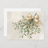 Elegant Watercolor Mistletoe and Gold Bow Feestdagenkaart (Voorkant / Achterkant)