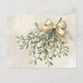 Elegant Watercolor Mistletoe and Gold Bow Feestdagenkaart