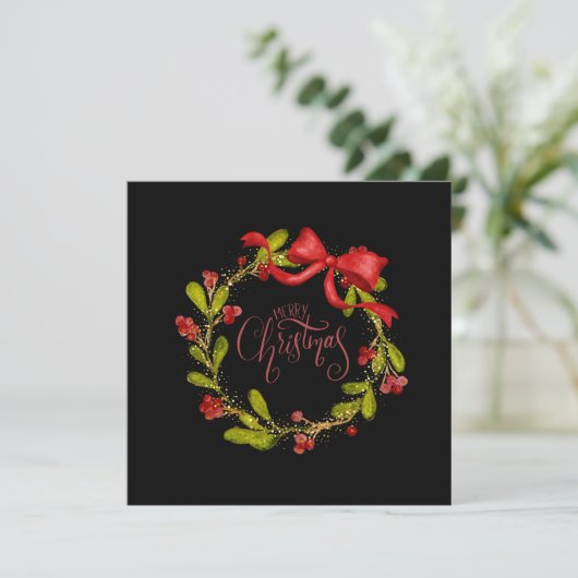 Elegant Watercolor Mistletoe Wreath and Bow Feestdagenkaart (Staand voorkant)