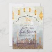 Elegant Watercolor Mosque & Gold Lanterns Iftar Kaart (Voorkant)