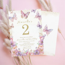 Elegant  Watercolor One 2nd Birthday Butterfly Gir
