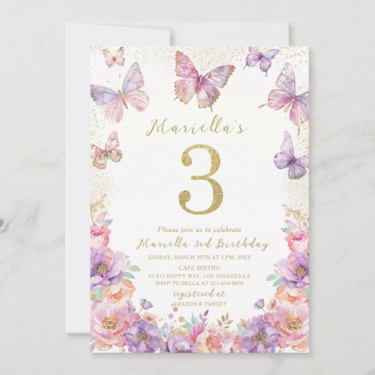 Elegant  Watercolor One 3rd Birthday Butterfly Gir Kaart (Voorkant)
