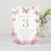 Elegant  Watercolor One 3rd Birthday Butterfly Gir Kaart (Staand voorkant)