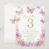 Elegant  Watercolor One 3rd Birthday Butterfly Gir Kaart (Voorkant / Achterkant)