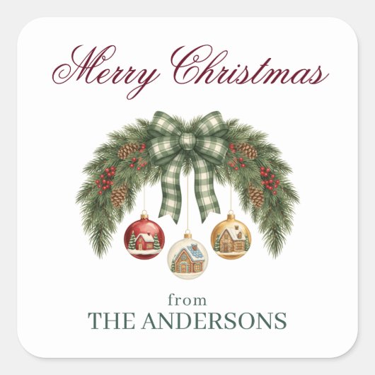 Elegant Watercolor Pine and Berry Merry Christmas Vierkante Sticker (Voorkant)