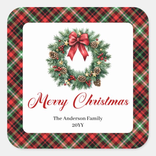 Elegant Watercolor Pine Wreath Christmas Sticker (Voorkant)