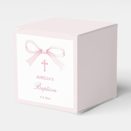 Elegant Watercolor Pink Bow Baptism Cube Bedankdoosjes (Voorkant Zijde)