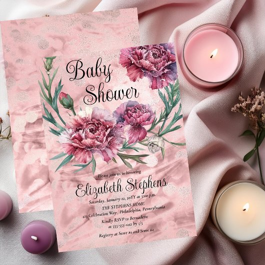 Elegant Watercolor Pink Carnations Baby Shower Kaart