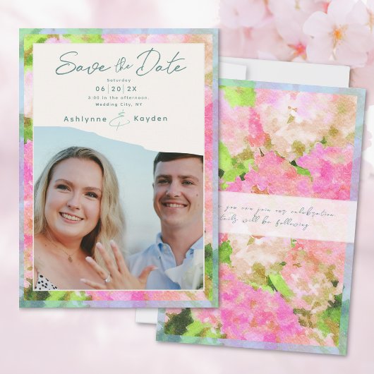 Elegant Watercolor Pink Hydrangea Garden Wedding  Save The Date