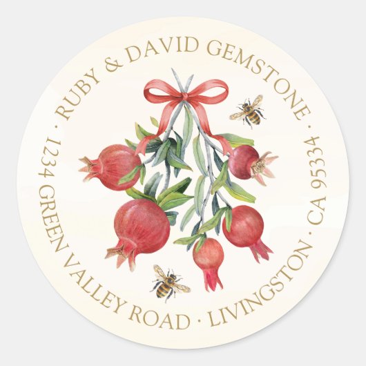 Elegant Watercolor Pomegranate Holiday Address Ronde Sticker (Voorkant)