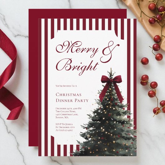 Elegant Watercolor Red Bow Christmas Dinner Party Kaart