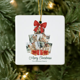 Elegant Watercolor Red Bow Family Christmas Tree Keramisch Ornament