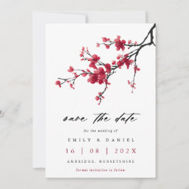 Elegant Watercolor Red Cherry Blossom Wedding Save The Date