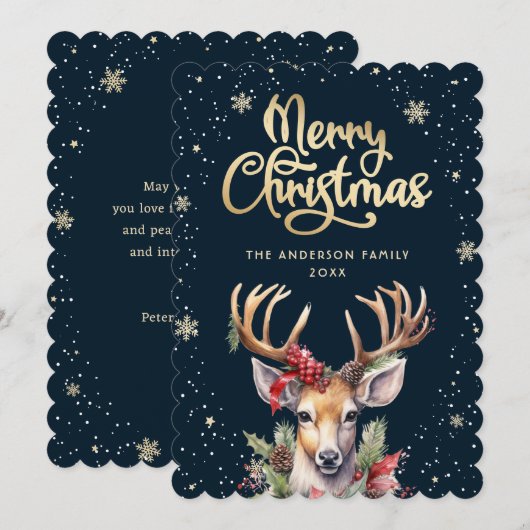 Elegant Watercolor Reindeer Snow Christmas Card Feestdagenkaart (Voorkant / Achterkant)