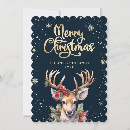 Elegant Watercolor Reindeer Snow Christmas Card Feestdagenkaart (Voorkant)