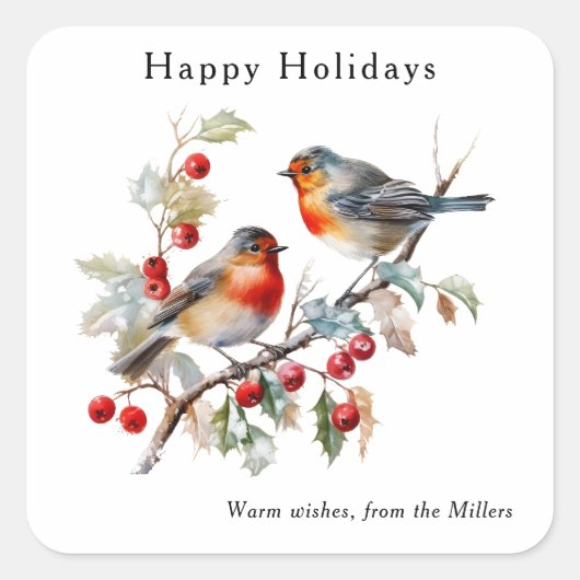Elegant Watercolor Robin Happy Holidays Custom Vierkante Sticker (Voorkant)
