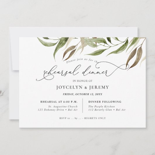 Elegant Watercolor Rustic Eucalyptus Rehearsal Kaart (Voorkant)