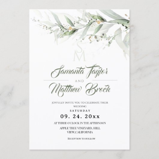 Elegant Watercolor Sage Greenery Floral Wedding Kaart (Voorkant)