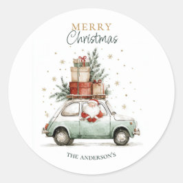Elegant Watercolor Santa Car Snow Merry Christmas  Ronde Sticker