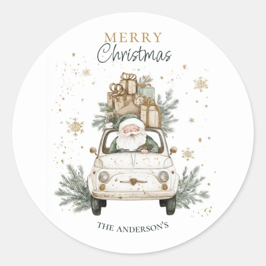 Elegant Watercolor Santa Car Snow Merry Christmas  Ronde Sticker (Voorkant)