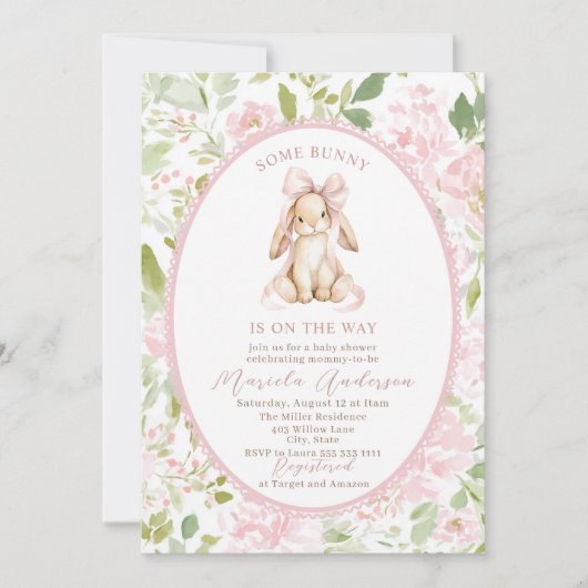 Elegant Watercolor some bunny pink bow Baby Shower Kaart (Voorkant)
