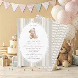 Elegant Watercolor Teddy Bear blue bow Baby Shower Kaart