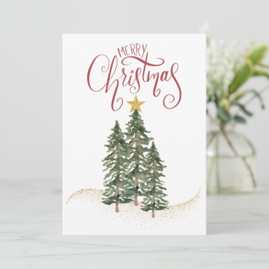 Elegant Watercolor Trees, "Merry Christmas"  Feestdagenkaart (Staand voorkant)