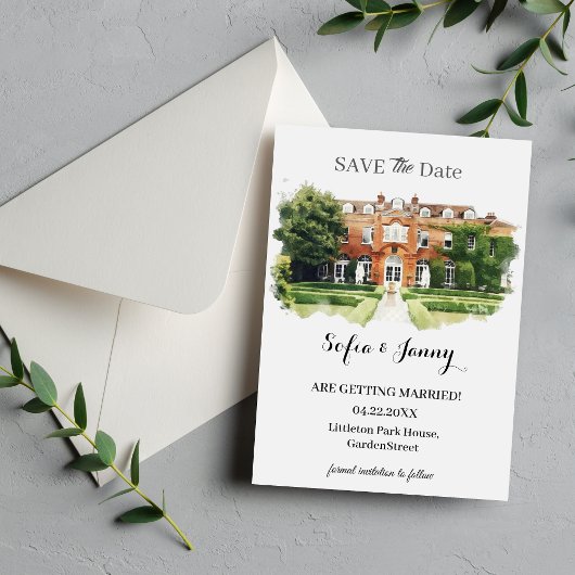 Elegant Watercolor Wedding Venue Sketch Save The Date