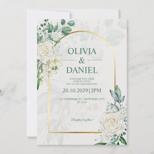 Elegant Watercolor White Roses Wedding Invitation Kaart (Voorkant)