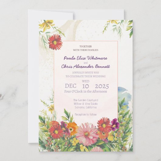 Elegant Watercolor Wildflower Garden Wedding Kaart (Voorkant)