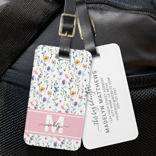 Elegant Watercolor Wildflower Monogram Bagagelabel
