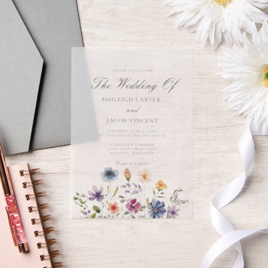 Elegant Watercolor Wildflower Spring Wedding Vellum Uitnodigingen (Huwelijk)
