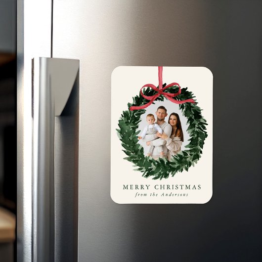 Elegant Watercolor Wreath with Bow Christmas Photo Magneet