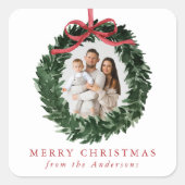 Elegant Watercolor Wreath with Bow Photo Holiday Vierkante Sticker (Voorkant)