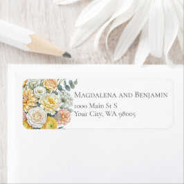 Elegant Watercolor Yellow Peach Sage Green Flowers Etiket