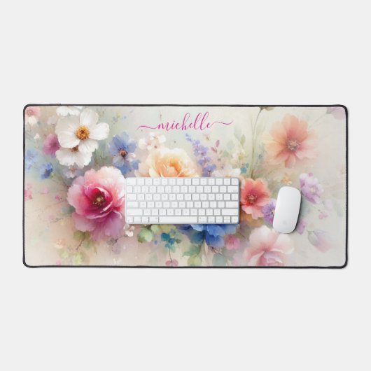 Elegant Watercolour Flowers Custom Name Text Bureaumat (Keyboard & Muis)