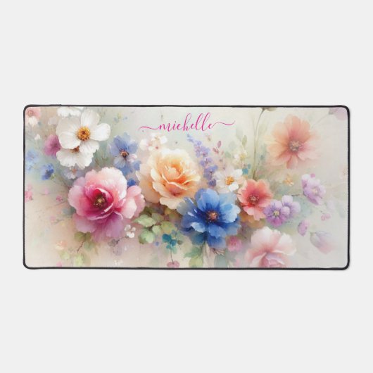 Elegant Watercolour Flowers Custom Name Text Bureaumat (Voorkant)