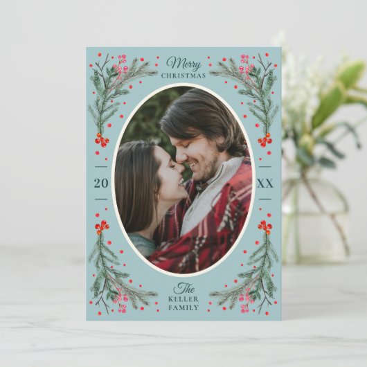 Elegant Waterverf 2 Foto Kerstmis 2021 Flat lue Feestdagenkaart (Staand voorkant)