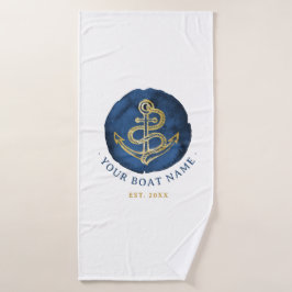 Elegant Waterverf Anchor Nautical Name Navy Blue Badhanddoek