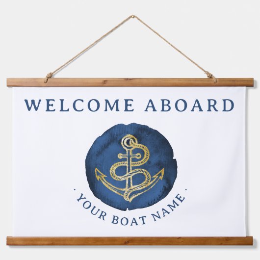 Elegant Waterverf Anchor Nautical Name Navy Blue Hangend Wandkleed (Voorkant)