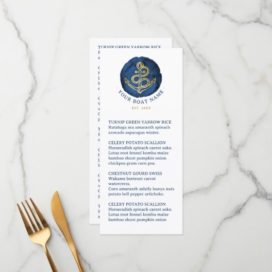 Elegant Waterverf Anchor Nautical Name Navy Blue Menu (Voorkant / Achterkant in situ)