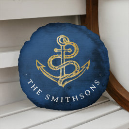Elegant Waterverf Anchor Nautical Name Navy Blue Rond Kussen