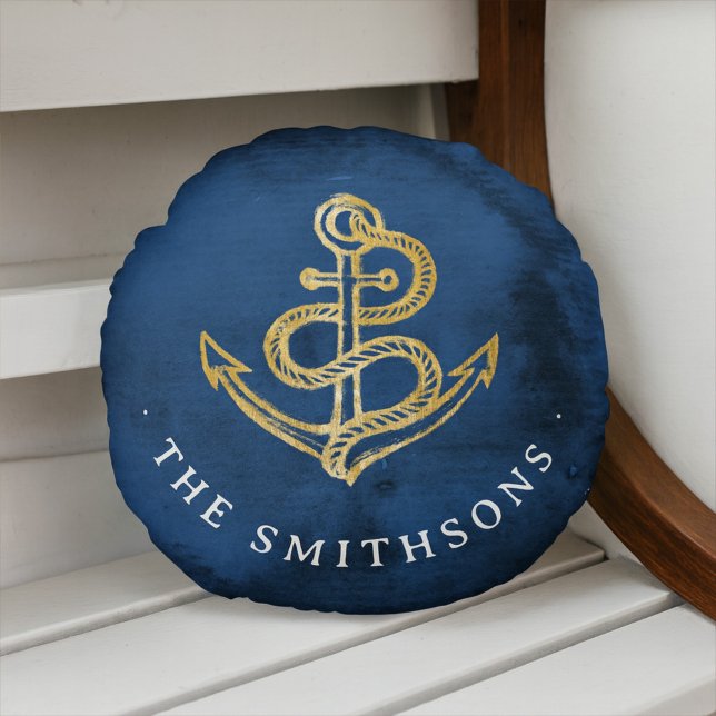 Elegant Waterverf Anchor Nautical Name Navy Blue Rond Kussen (Creator heeft geüpload)