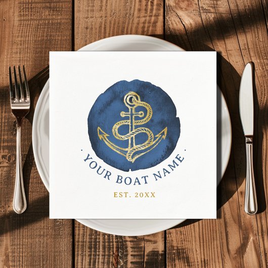 Elegant Waterverf Anchor Nautical Name Navy Blue Servet