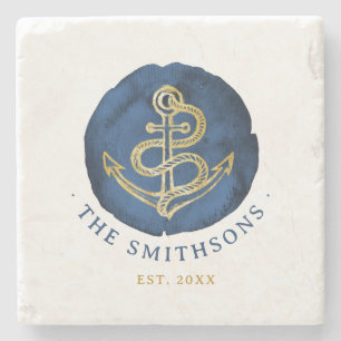Elegant Waterverf Anchor Nautical Name Navy Blue Stenen Onderzetter