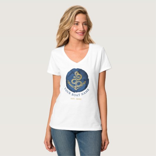 Elegant Waterverf Anchor Nautical Name Navy Blue T-shirt (Voorkant volledig)