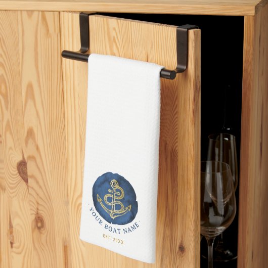 Elegant Waterverf Anchor Nautical Name Navy Blue Theedoek (Derde Gevouwen)